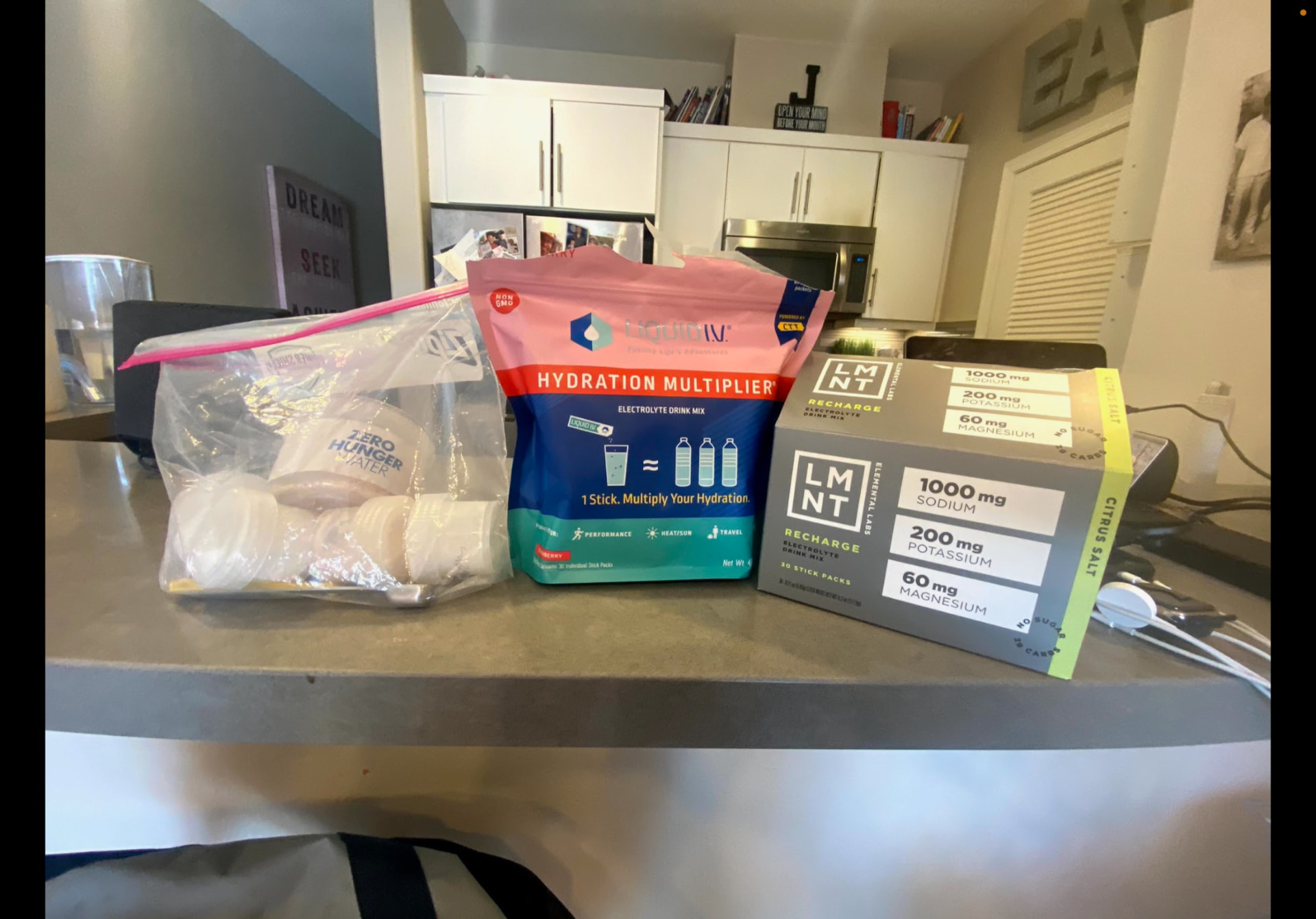 Early Zero Hunger Water ingredients and mixing containers on Jorge Cruise’s kitchen counter