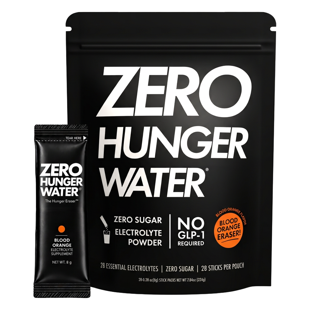 One Zero Hunger Water Blood Orange pouch with one black Blood Orange stick
