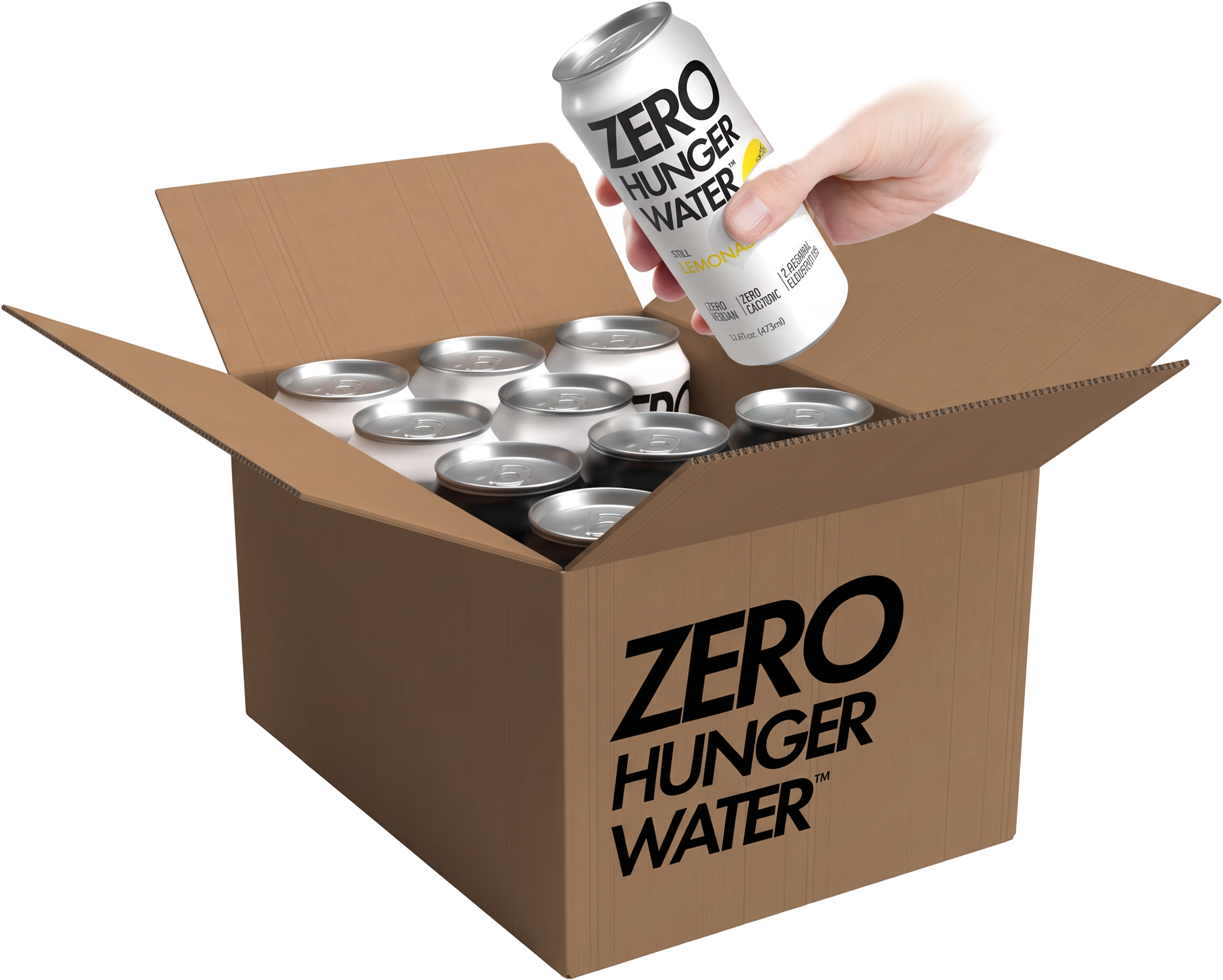 A hand lifting an original Zero Hunger Water can from its shipping box